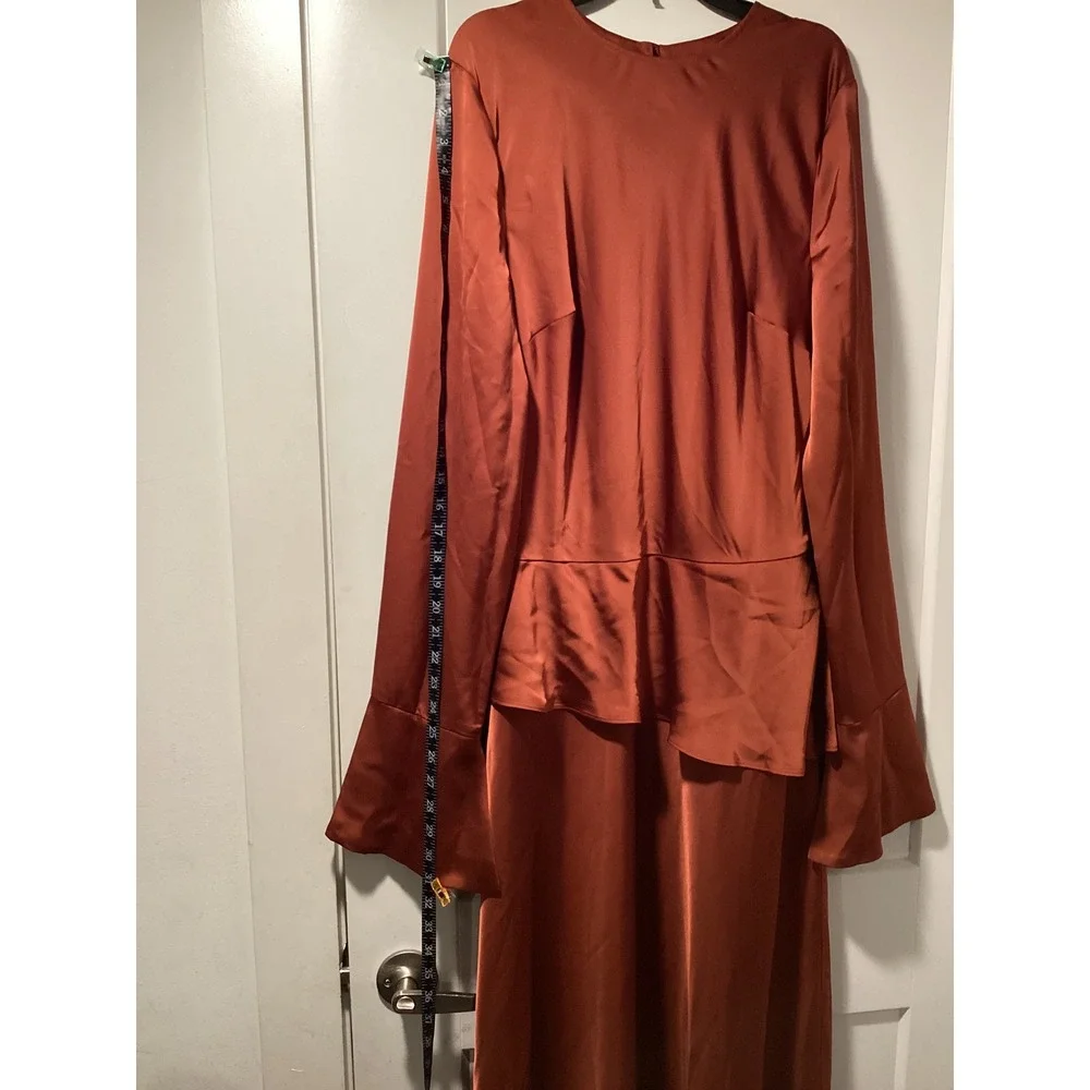 Few Moda Satin Open Back‎ Peplum Maxi Dress Burnt Orange Long Bell Sleeve Formal